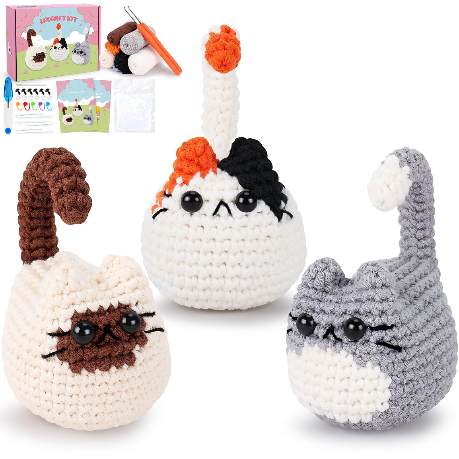 Crochet Kit for Beginners – 3pcs Cat Animal Amigurumi Set