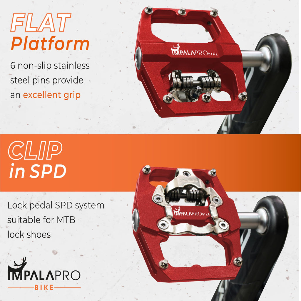 IMPALAPRO Dual Function MTB Pedals | Flat & SPD Clipless 9/16" - Red