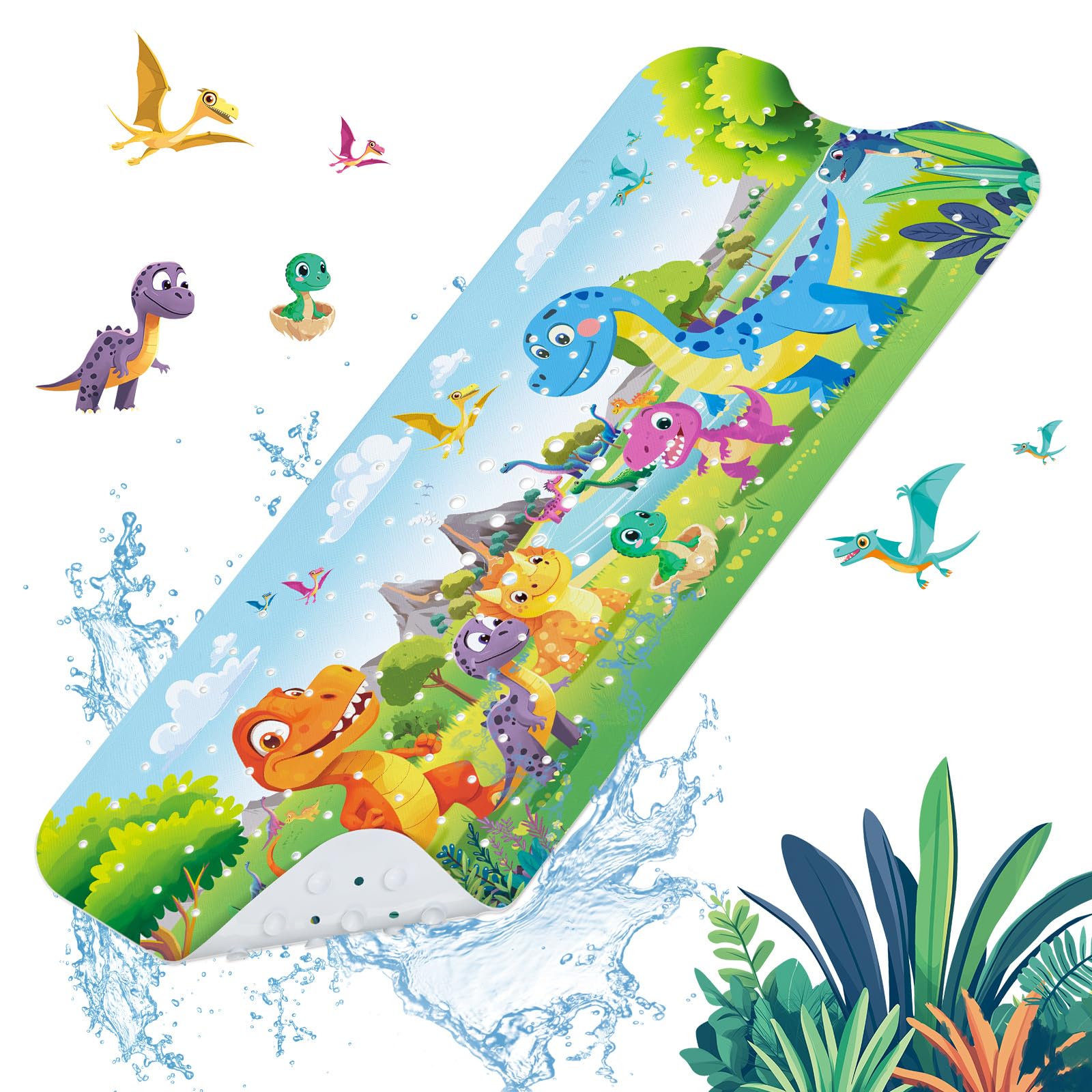 SHUCHING Dinosaurs Kids Bath Mat – Extra Long 100x40cm Non-Slip PVC Mat