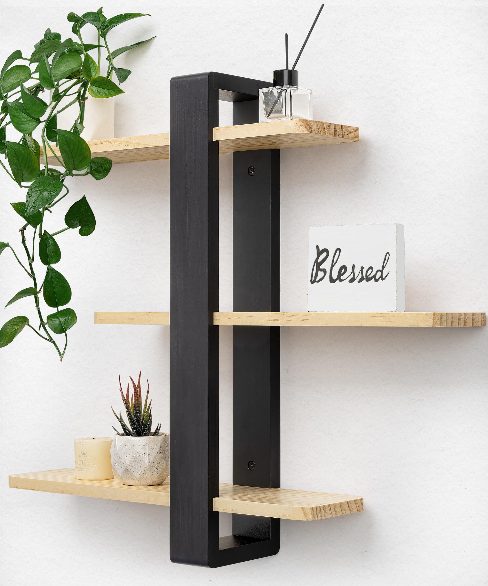 SUMGAR Pine Wood Floating Shelves | 3-Tier 50CM Wall Mounted Shelving