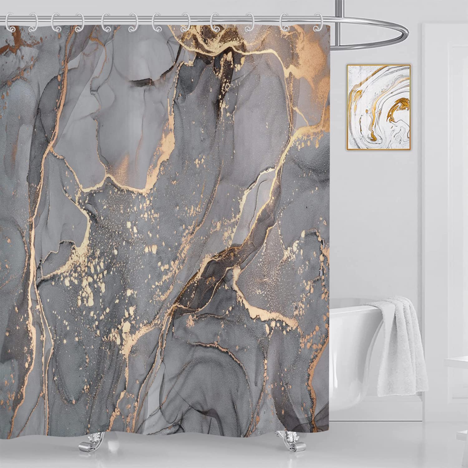 Marble Shower Curtain – Grey & Gold Abstract Polyester, 240x180cm