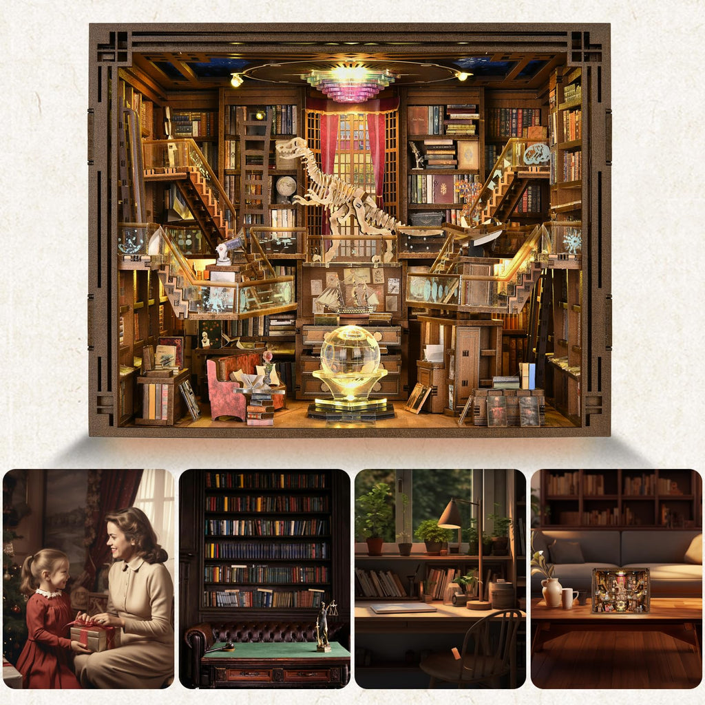 Minicity Book Nook Kit – DIY 3D Wooden Puzzle Library with LED Light