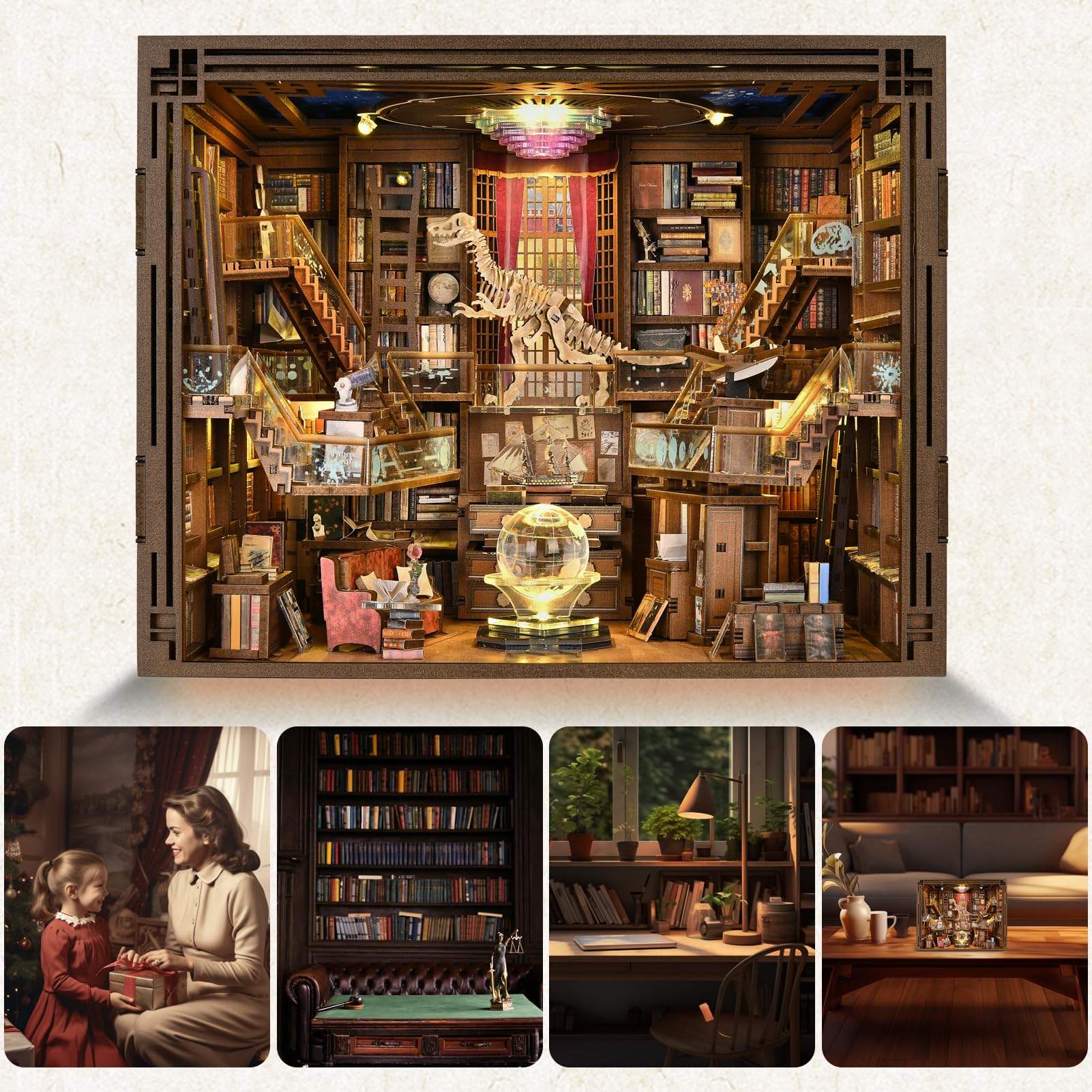 Minicity Book Nook Kit – DIY 3D Wooden Puzzle Library with LED Light