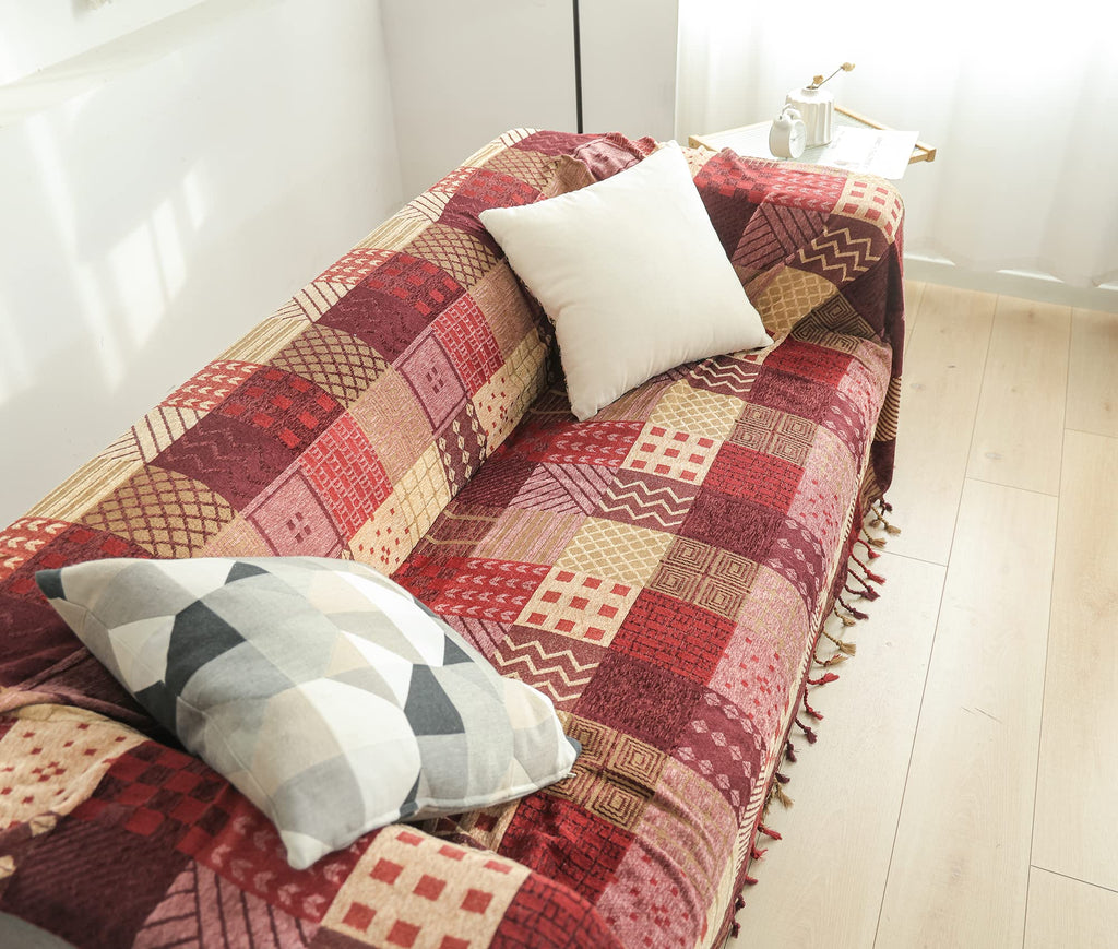 VANJOROY Bohemian Chenille Patchwork Sofa Throw Blanket with Tassels