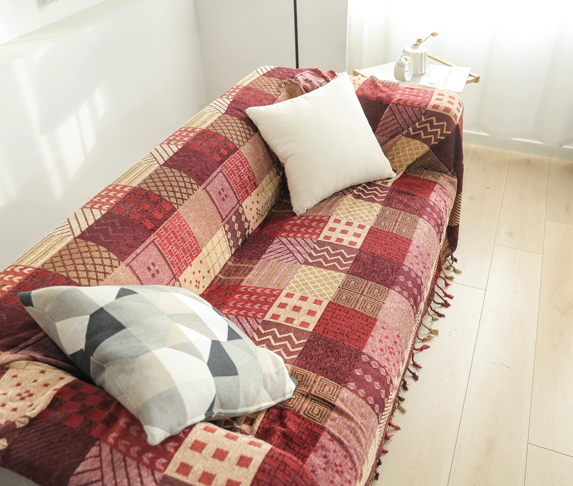 VANJOROY Bohemian Chenille Throw Blanket – Large Patchwork Sofa Bedspread