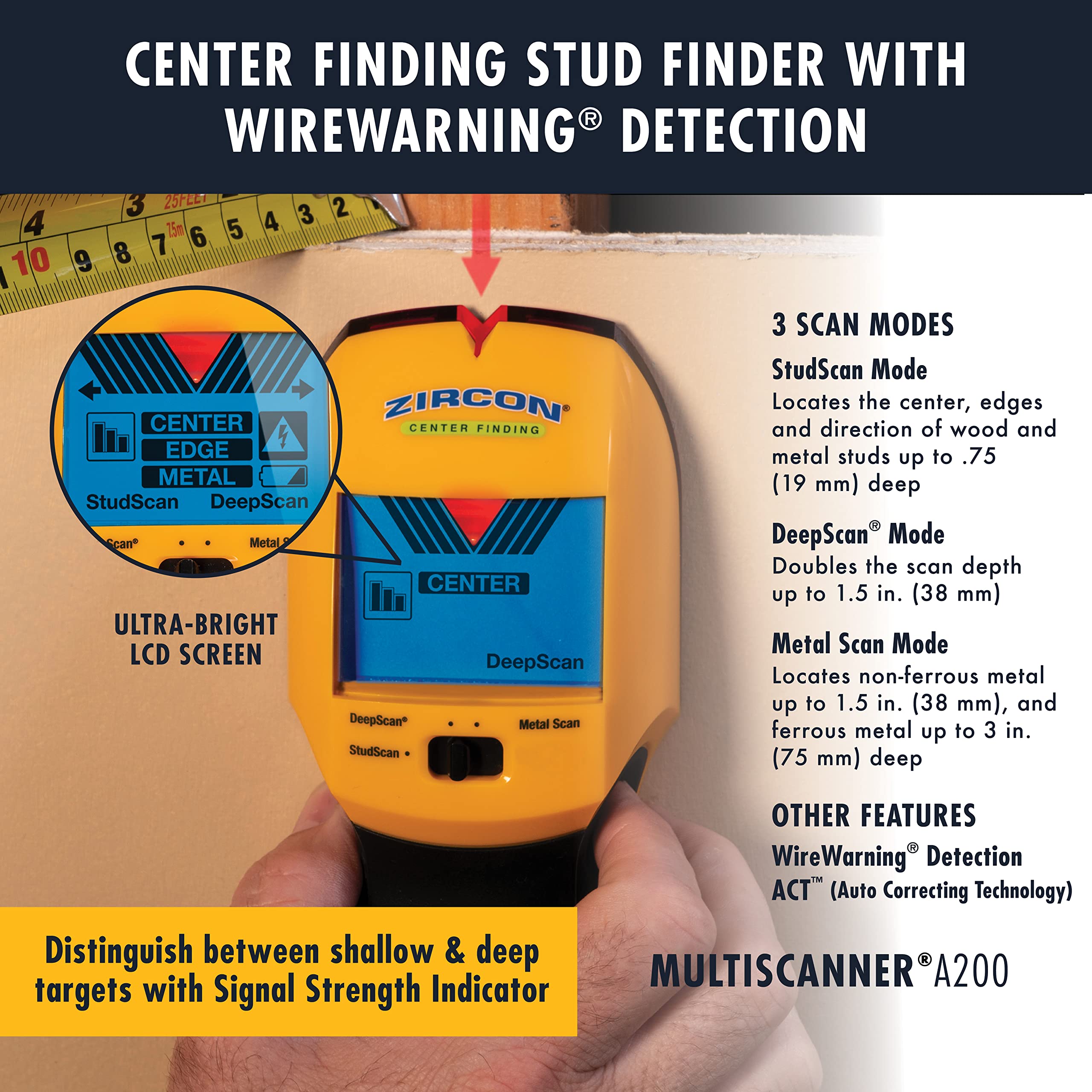 Zircon MultiScanner A200 Wall Scanner | Stud Finder & AC Wire Detector