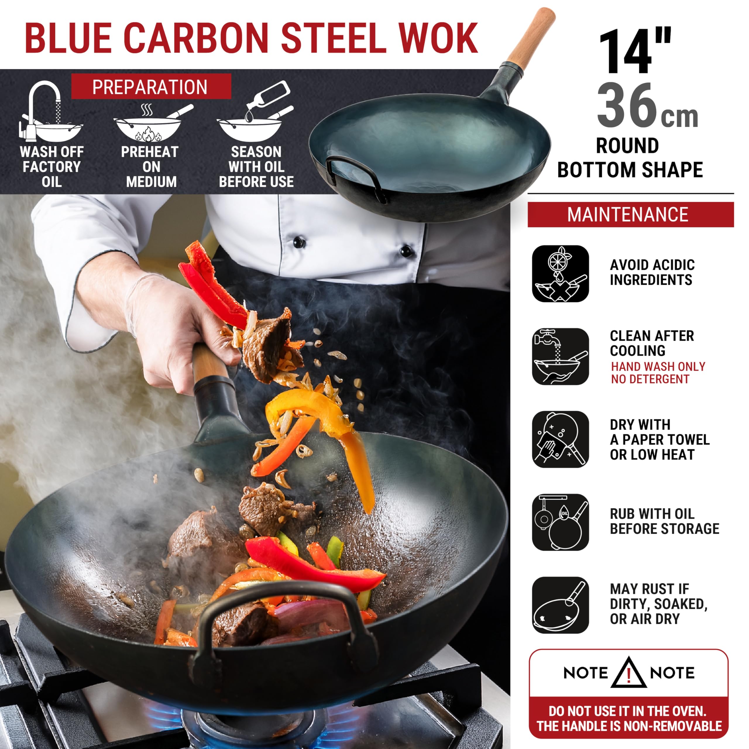 Yosukata 36cm Blue Carbon Steel Wok – Pre-Seasoned Hand-Hammered Pow Wok