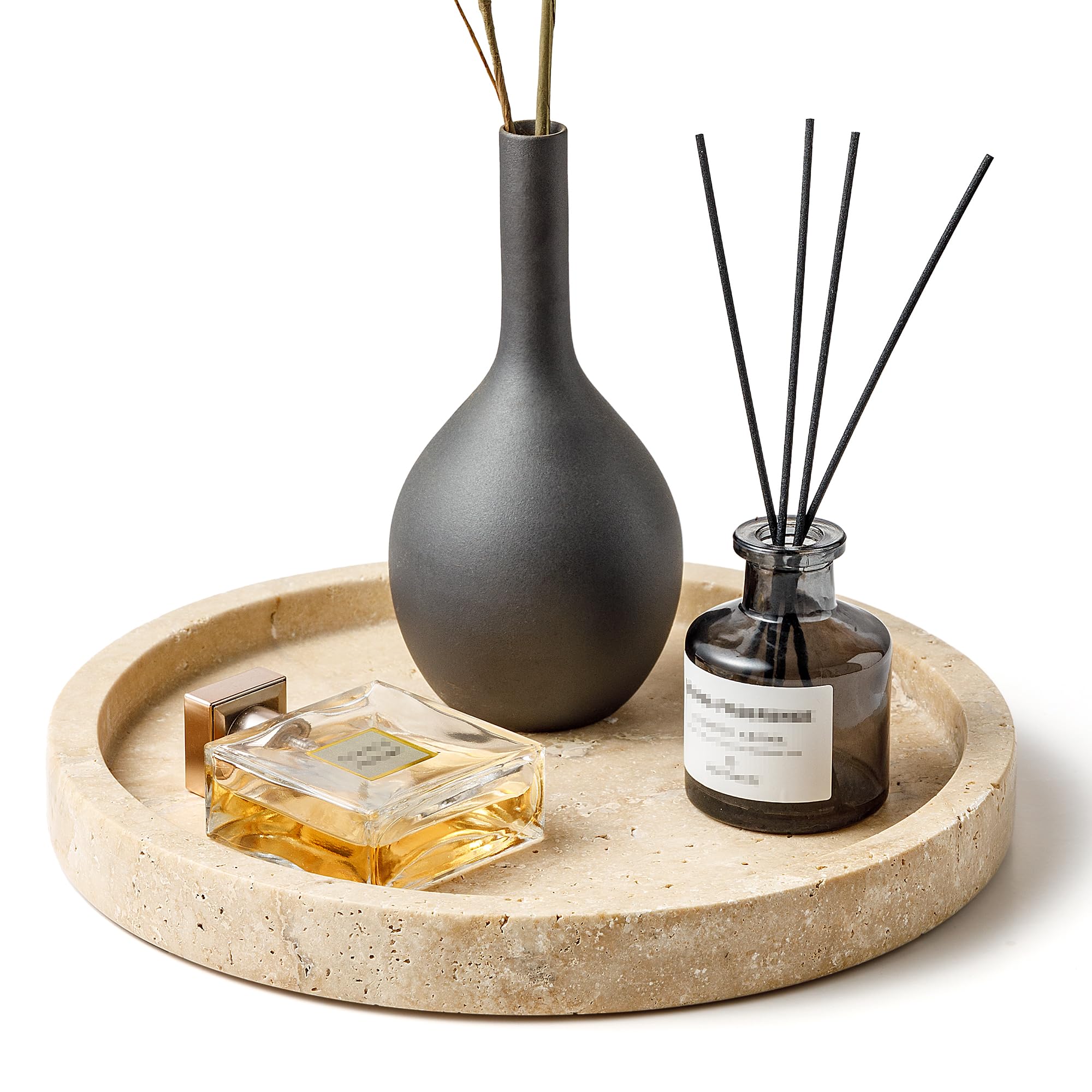 WORHE Round Travertine Marble Vanity Tray – Natural Stone Decorative Dish