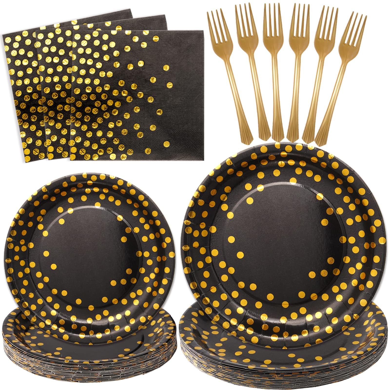 SCIONE 96PCS Black and Gold Paper Plates Set - Tableware for 24 Guests