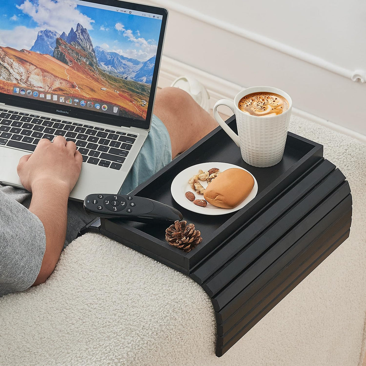 LOVYANXUE Bamboo Sofa Arm Tray, Anti Falling Couch Arm Tray Table, Foldable Couch Armrest Table, Portable Sofa Armrest Trays Cup Holder for Drink - image 2