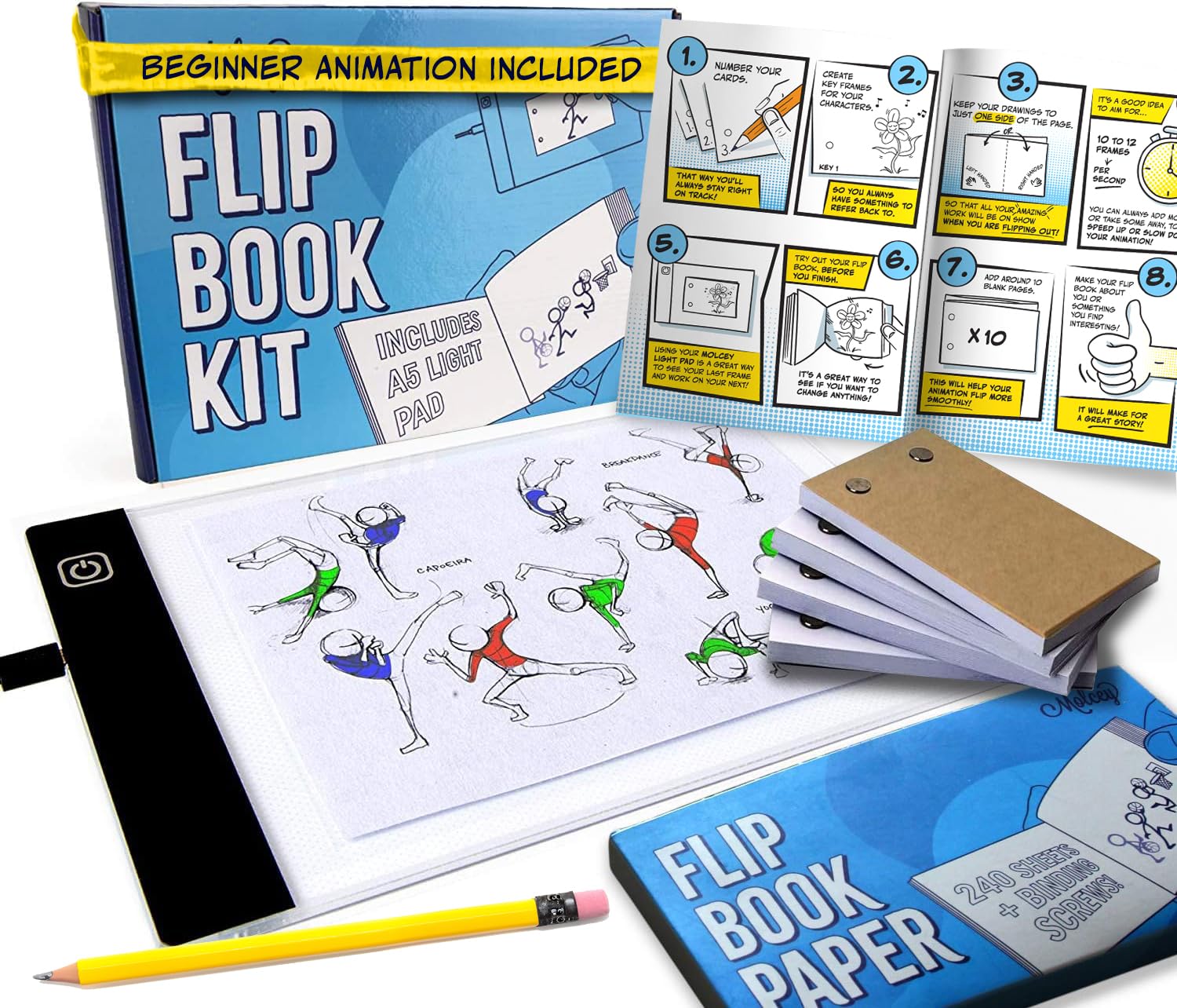 Molcey Flip Book Kit with LED Light Pad – 240 Sheets Animation Paper