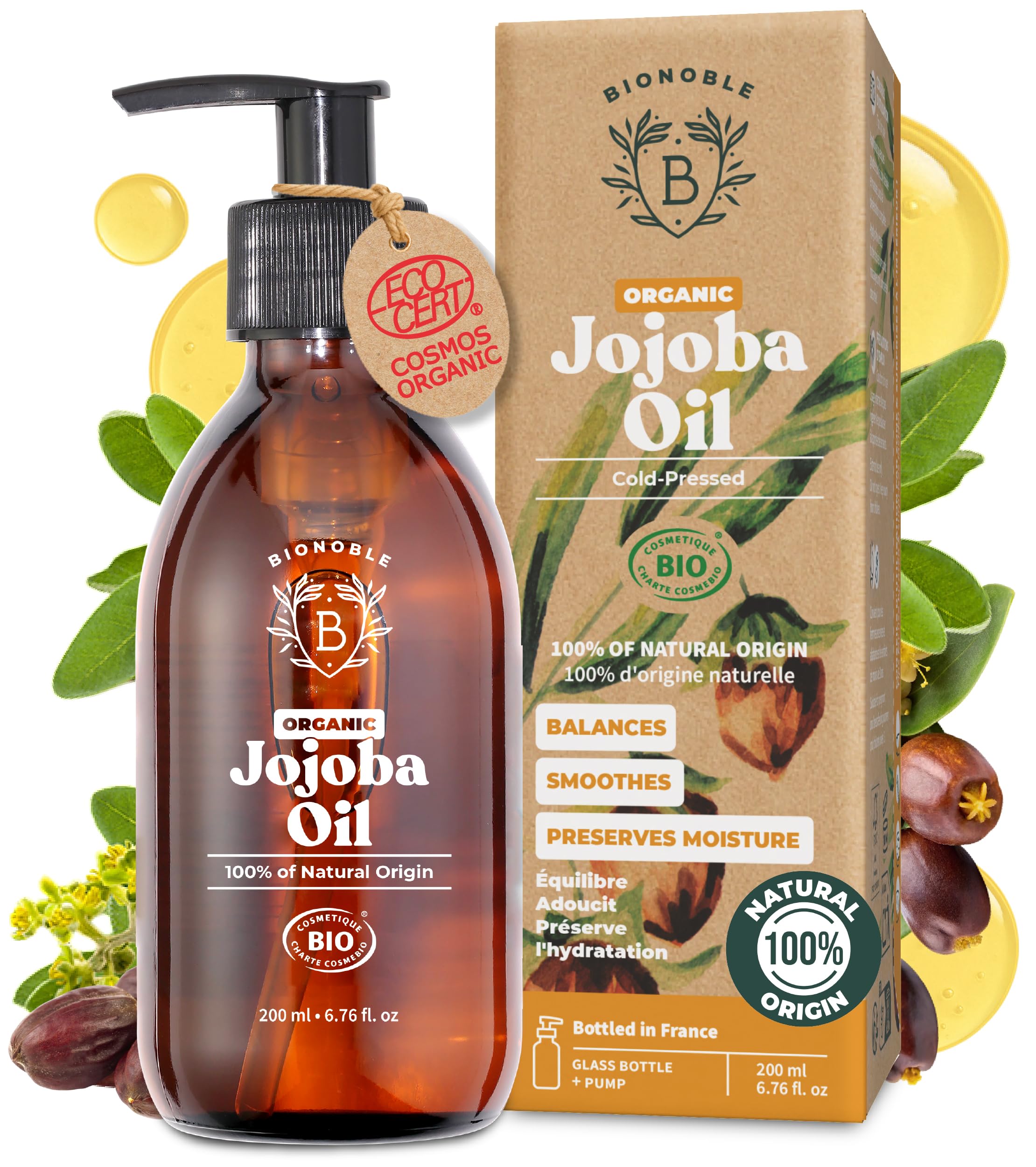 Bionoble Organic Jojoba Oil – Cold Pressed Unrefined for Face & Hair – 200ml