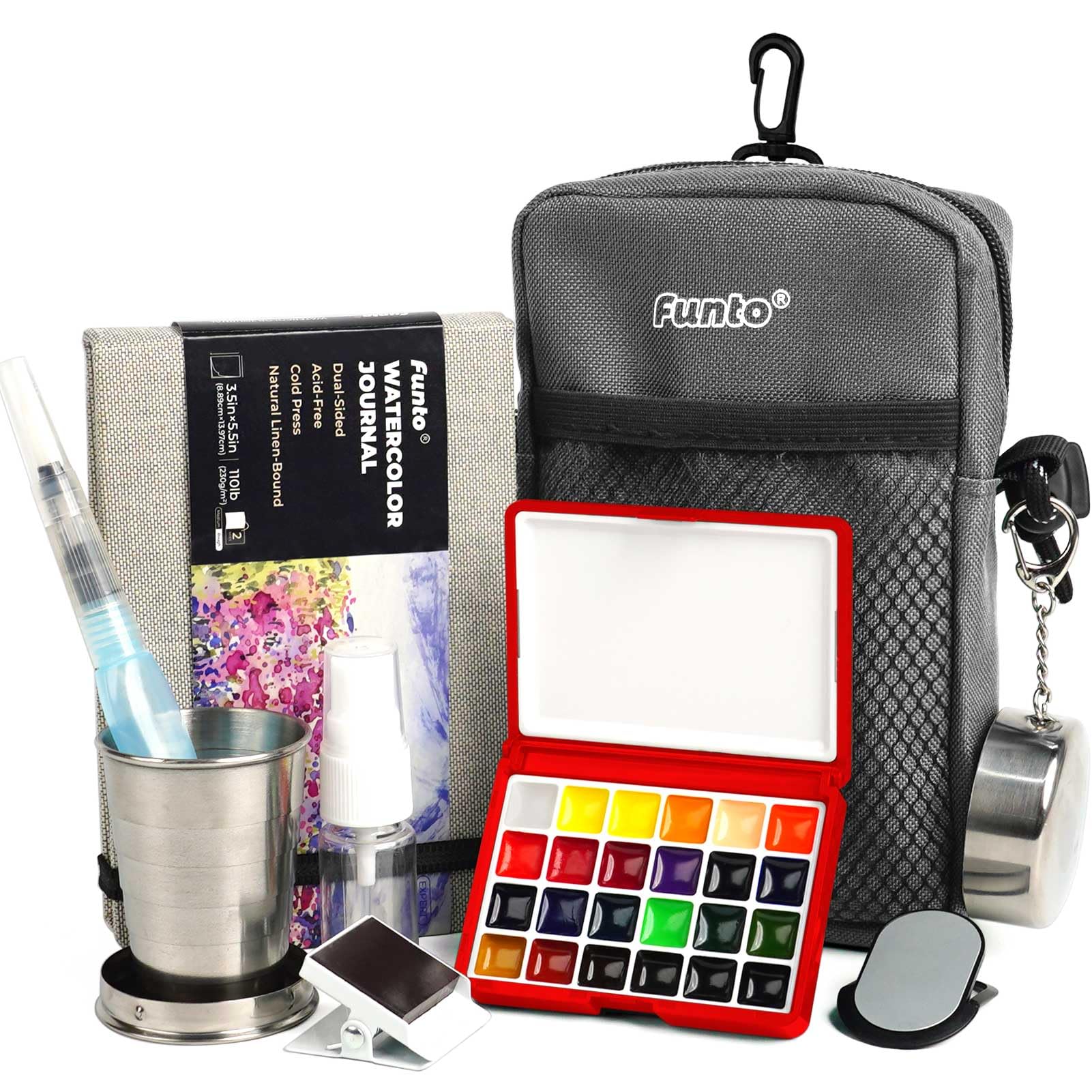 Funto Mini 24-Color Watercolor Paint Set with Travel Crossbody Bag