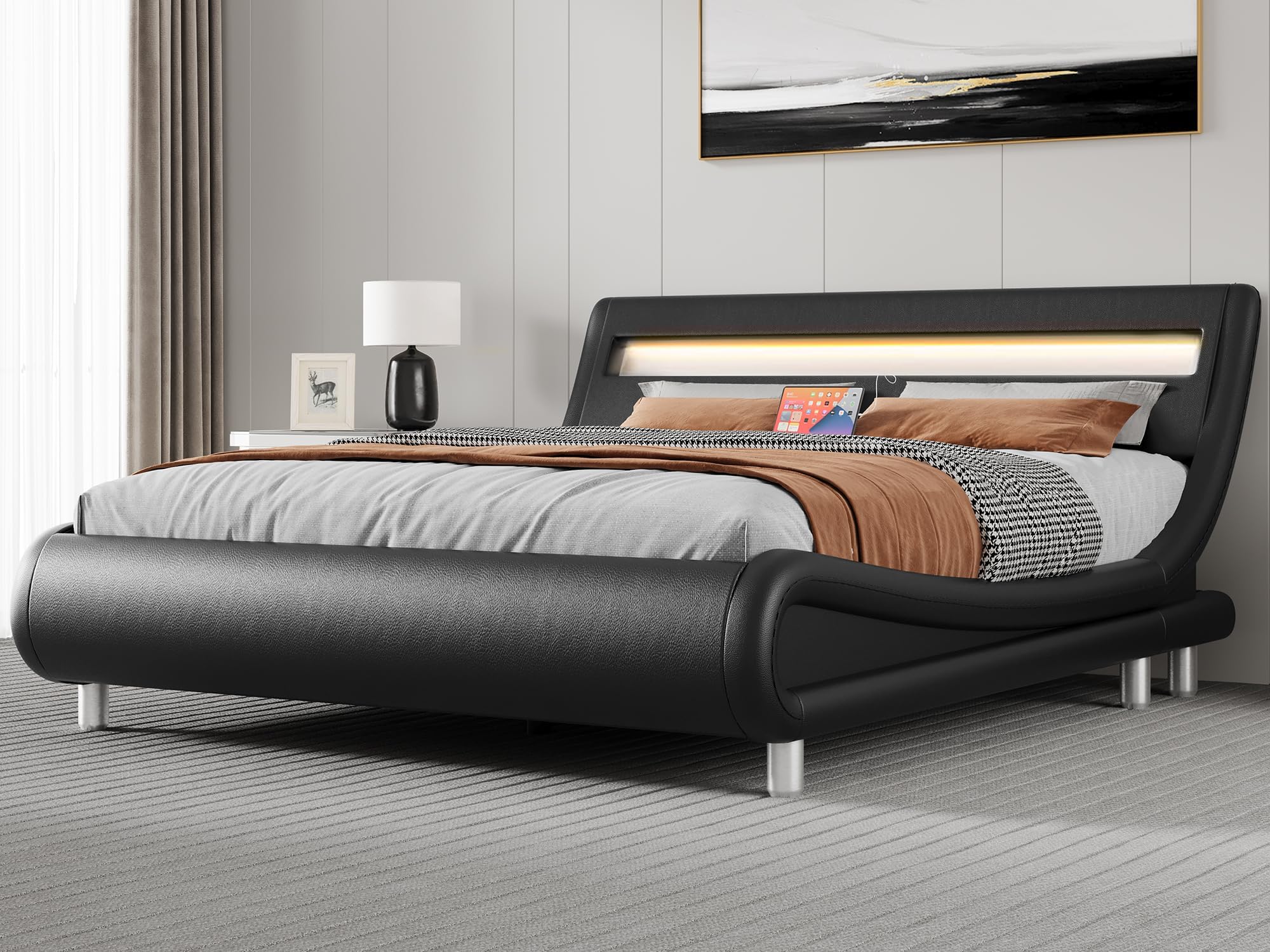 YITAHOME King LED Bed Frame | Upholstered Platform with Charging Station