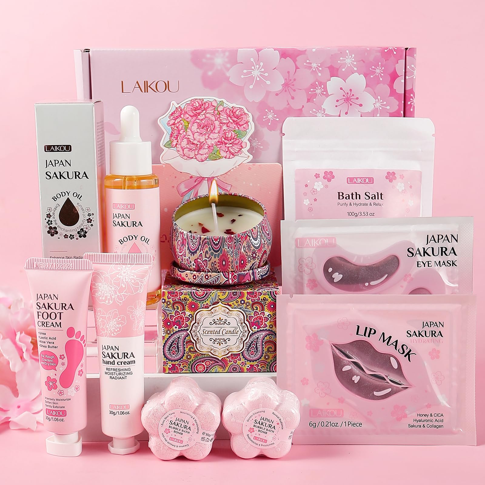 LAIKOU Sakura Spa Gift Set – 10pc Bath & Body Care Collection for Women