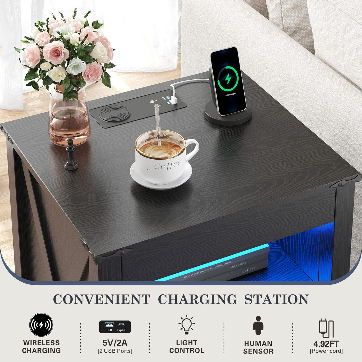 FREDEES LED Bedside Table with Hidden Drawer for Bedroom, Black - image 4