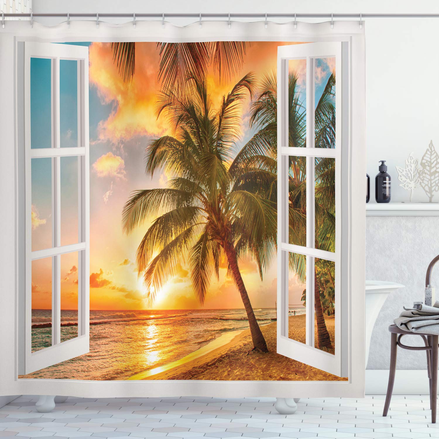 ABAKUHAUS Beach Shower Curtain | Extra Long Fabric Decor with Hooks