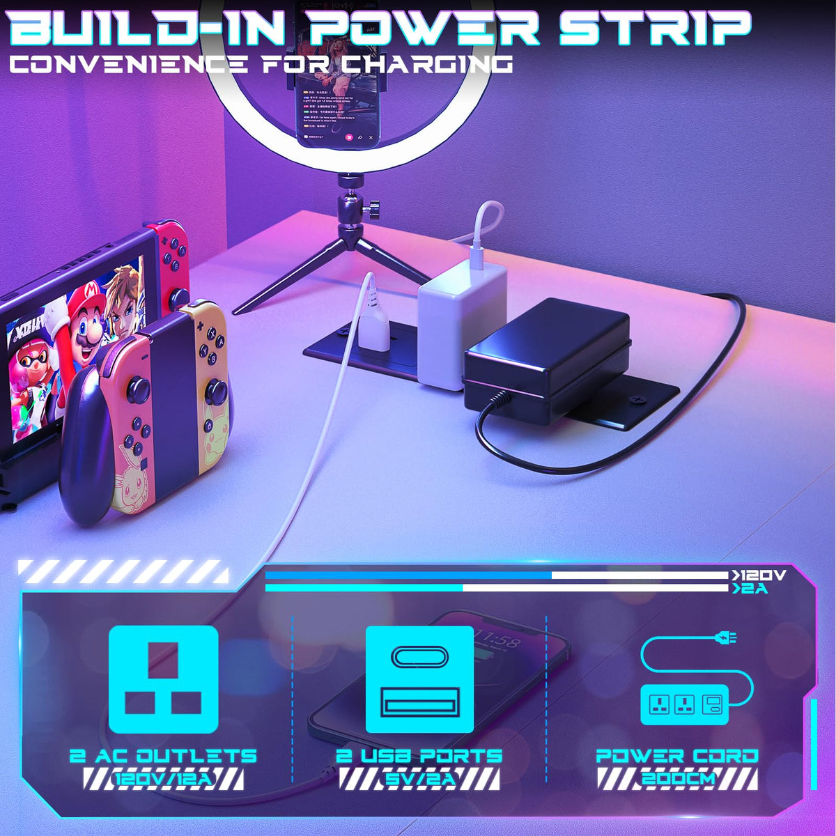 iSunirm Gaming Desk with LED Lights & Power Outlet, Reversible Computer Desk with Moveable Monitor Stand - image 5