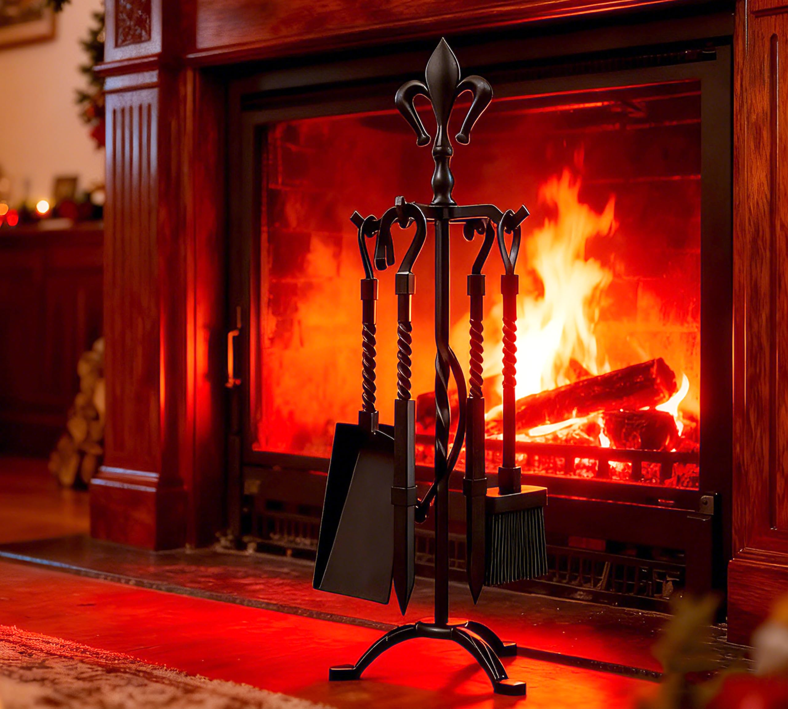 Kingson 5-Piece Cast Iron Fireplace Companion Set | Black Tool Set