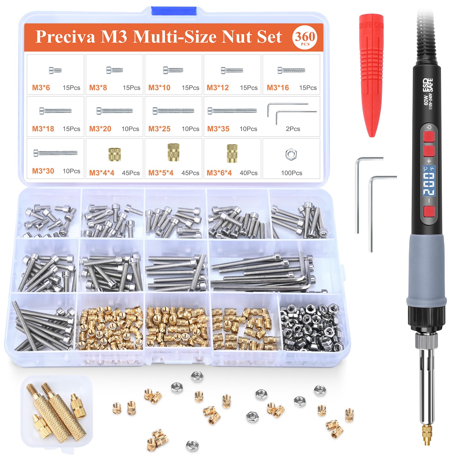 Preciva M3 Heat Set Insert Tool Kit with 360pcs Threaded Inserts