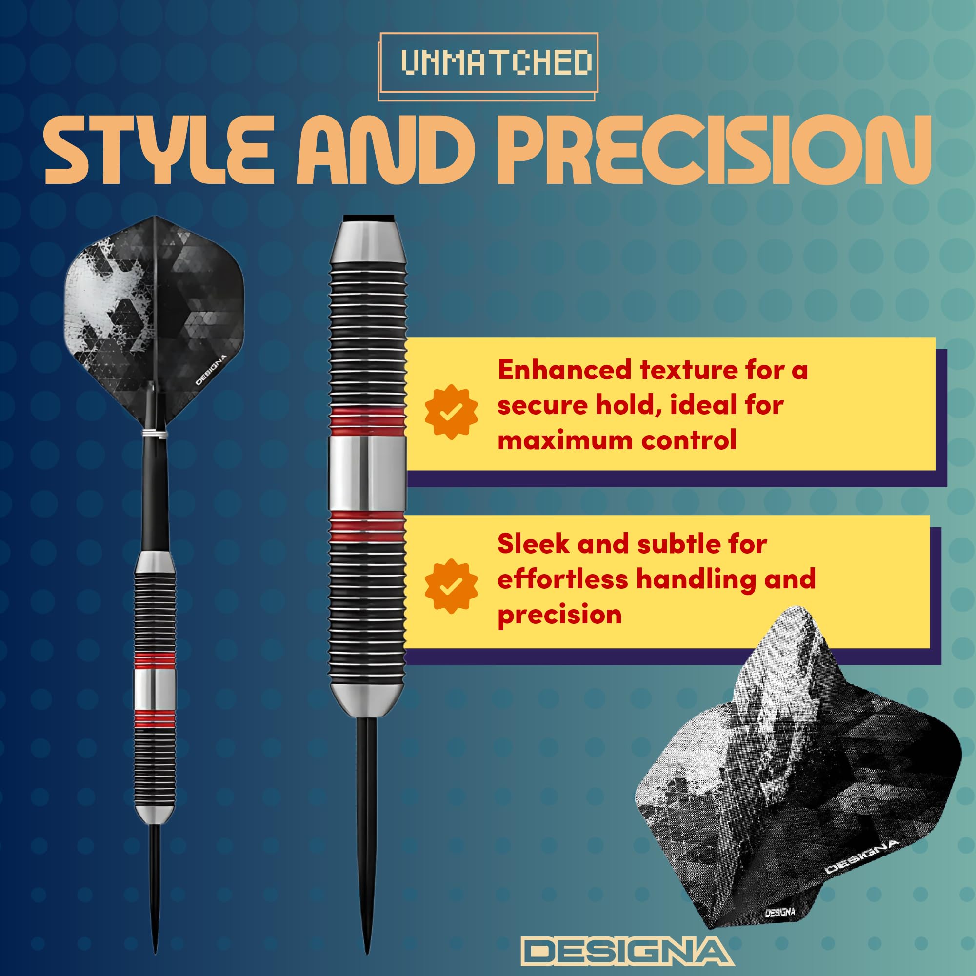 Designa Meteor 90% Tungsten Steel Tip Darts – Heavy 44g Ringed Grip Set