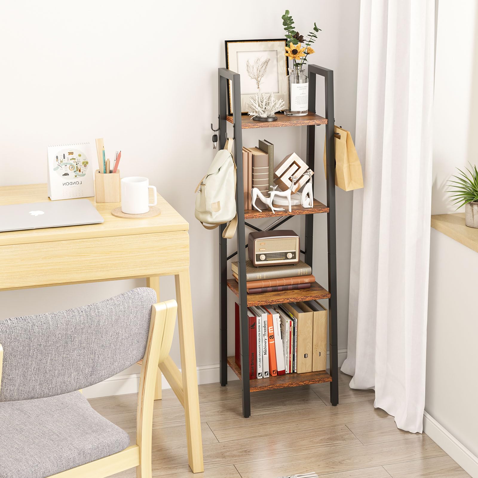 YMYNY 4-Tier Ladder Bookshelf | 125CM Industrial Rustic Brown Shelving Unit