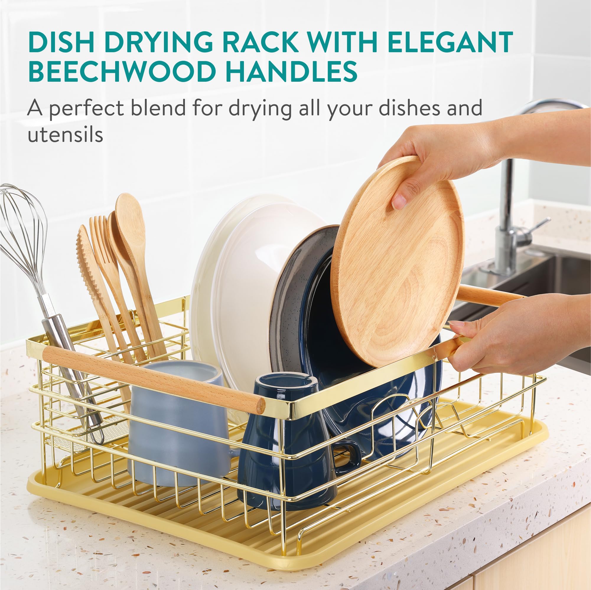 Navaris Dish Drainer Rack | Retro Kitchen Drying Rack with Beechwood - Gold
