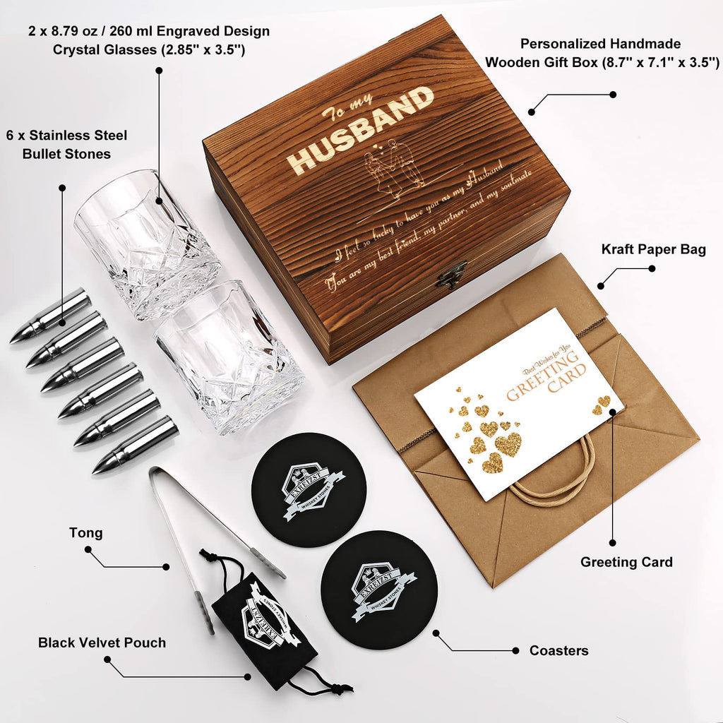 Exreizst Stainless Steel Whiskey Stones and Glass Gift Set with Wood Box