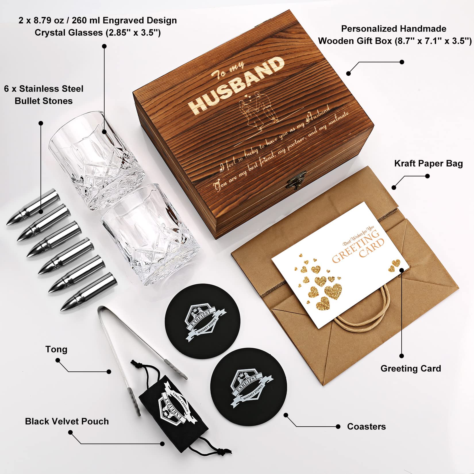 Exreizst Stainless Steel Whiskey Stones and Glass Gift Set with Wood Box