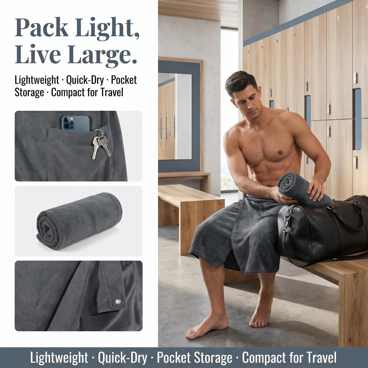 HUANYO Men's Bath Towel Wrap with Pocket – Adjustable, Super Absorbent Towel Skirt for Home, Gym, Spa, Beach & Pool Grey