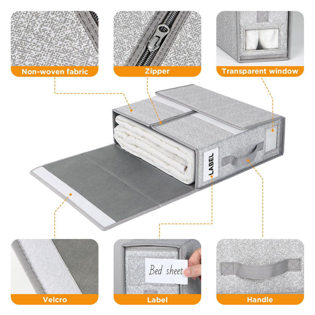 Syeeiex Bed Sheet Organiser - 6 Pack Foldable Linen Storage Boxes, Grey