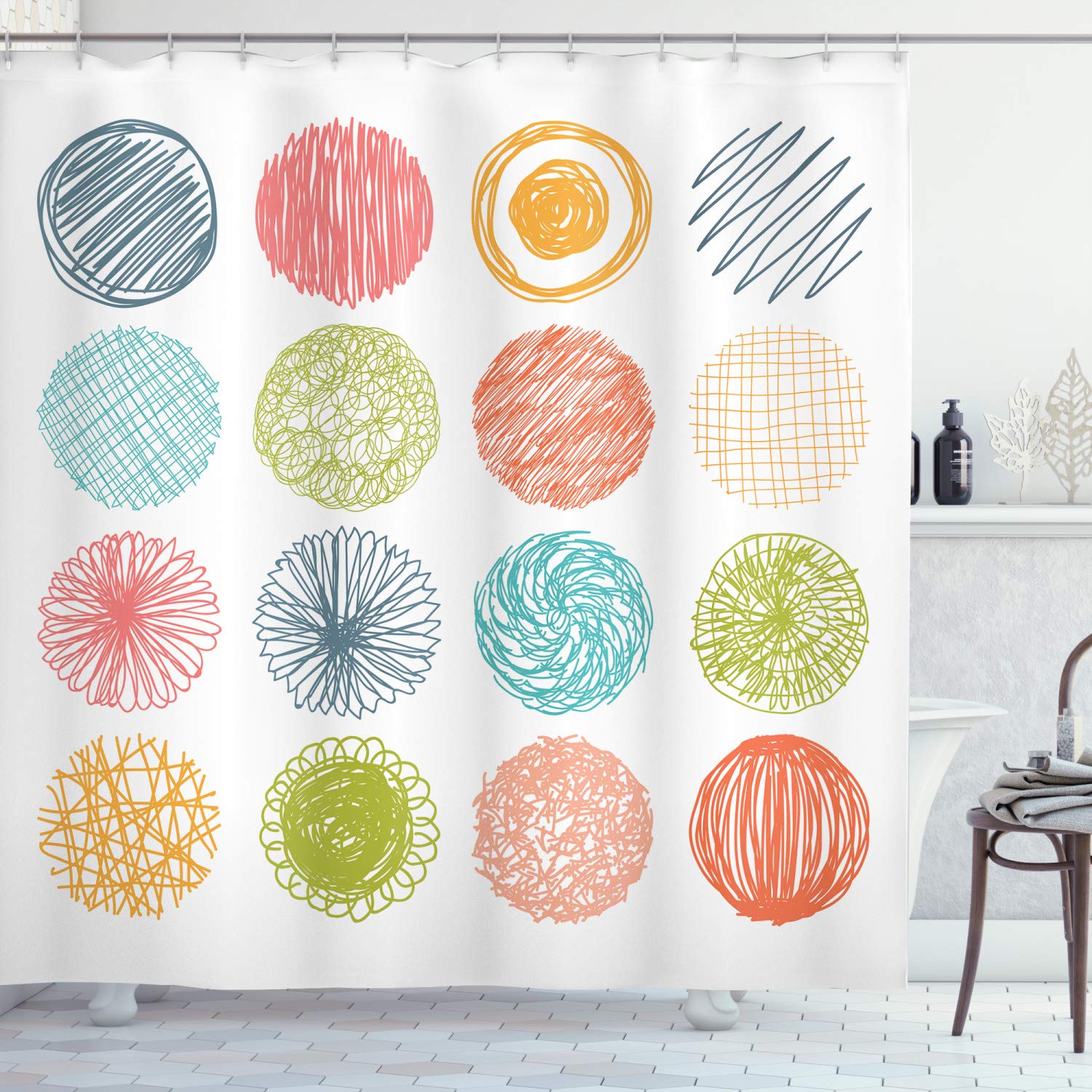 ABAKUHAUS Colorful Doodle Fabric Shower Curtain – Waterproof Turkish Decor