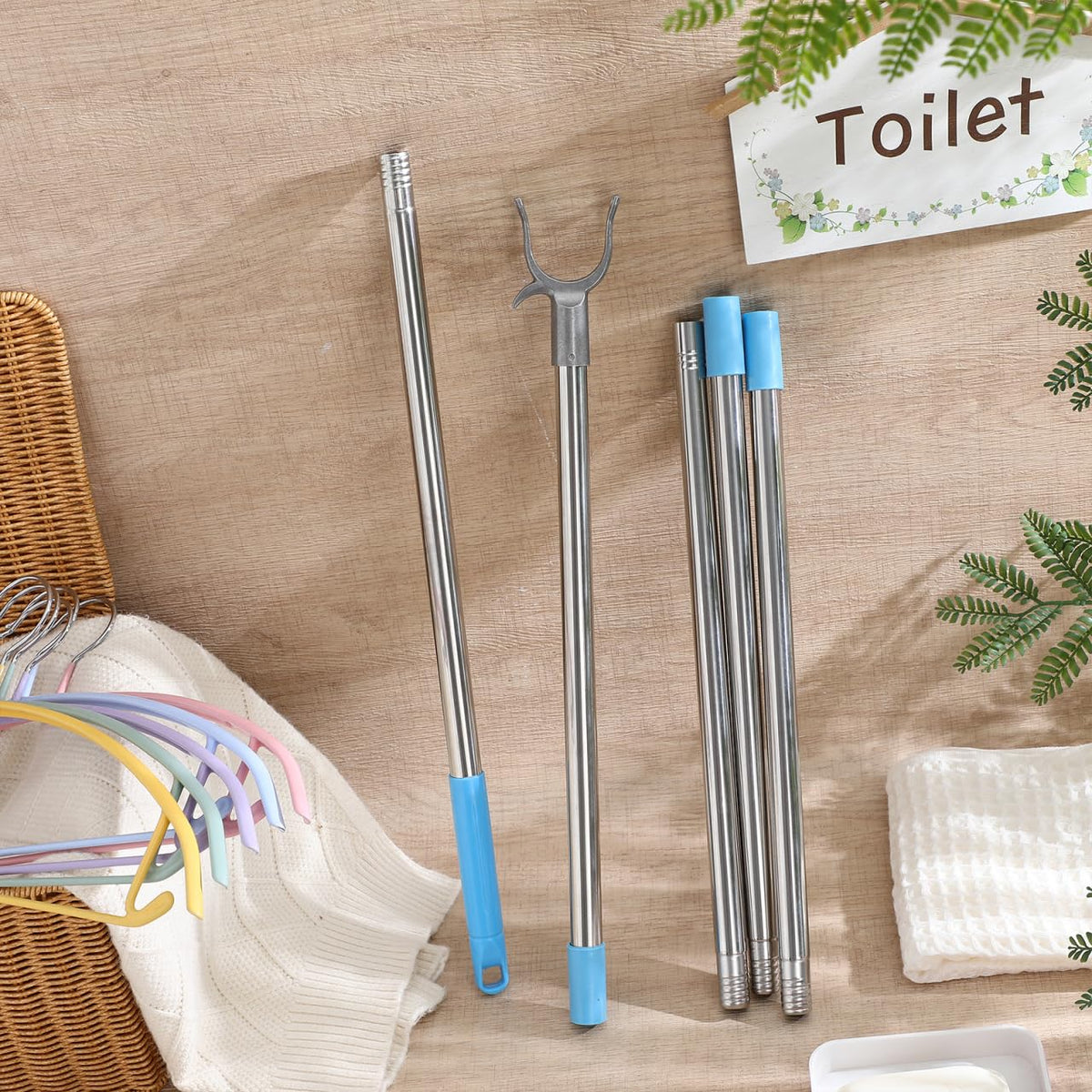 PRETYZOOM Adjustable Clothes Pole Telescoping Reach Stick Detachable Clothes Drying Rod for Wardrobe and High Reach Clotheslines Sky-Blue - image 2
