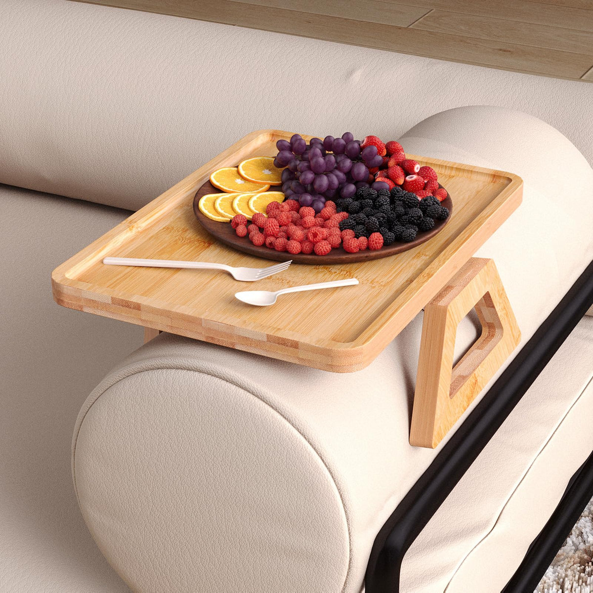 Fibogollo Sofa Tray,Bamboo Folding Couch Arm Tray,Sofa Armrest Trays Clip-On Couch Desk for Drinks,Snacks,Phone,Remote ControlNatural