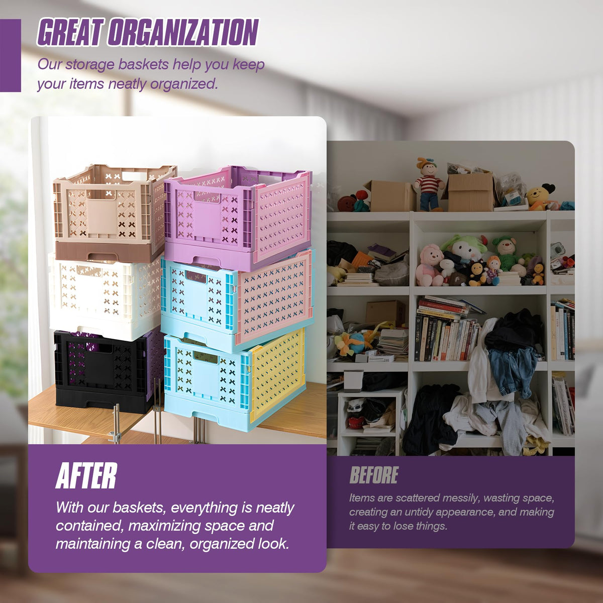Spesh 2 Pcs Collapsible Crates Storage Boxes Plastic Foldable Crates Stackable Folding Storage Baskets for Home Kitchen OfficeWhite, 30x22x18cm - image 5