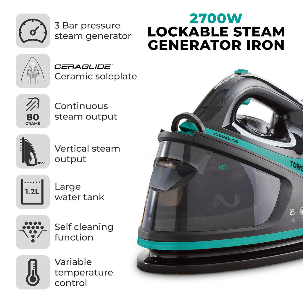 Tower Ceraglide Steam Generator Iron | 2700W Digital Display - Teal