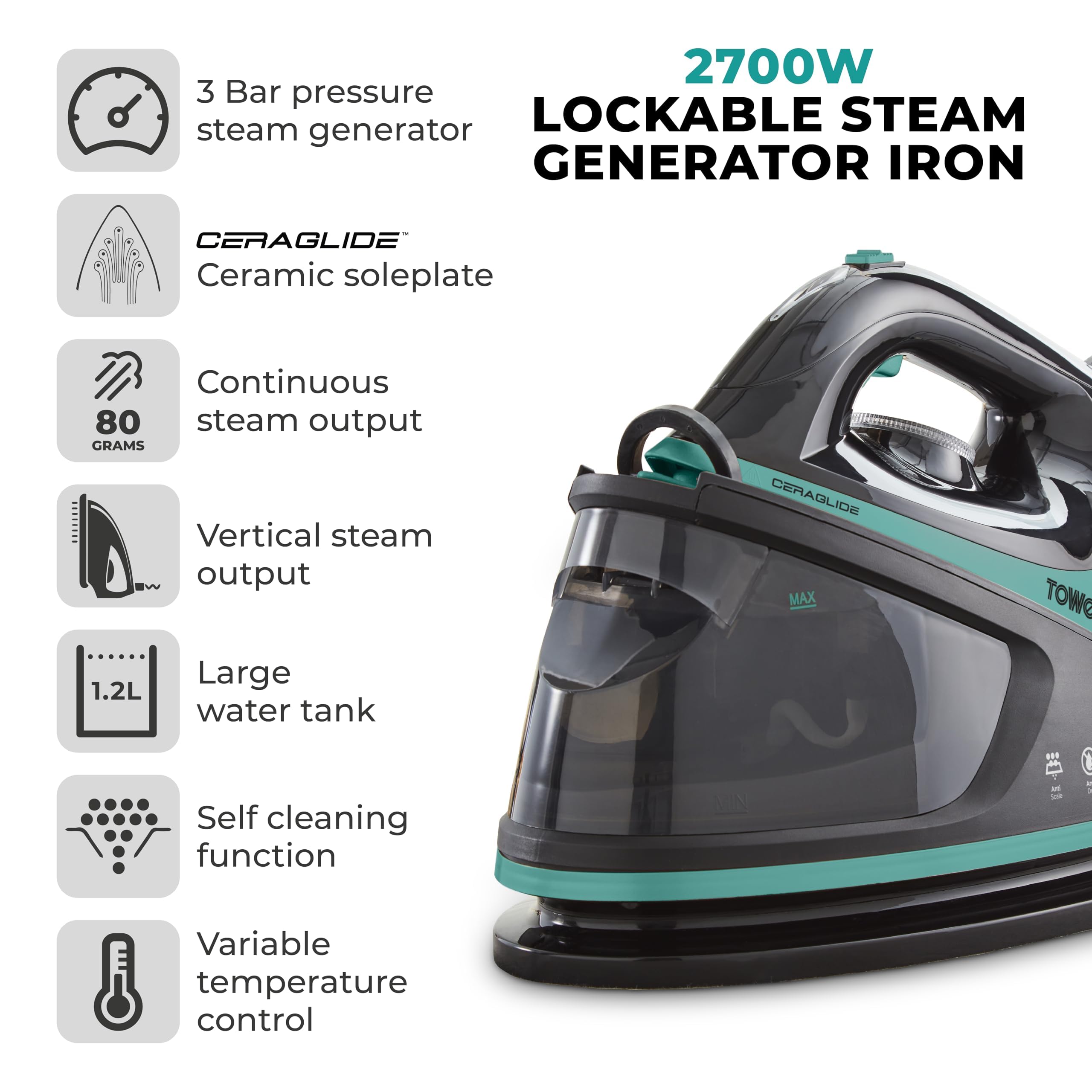 Tower Ceraglide Steam Generator Iron | 2700W Digital Display - Teal
