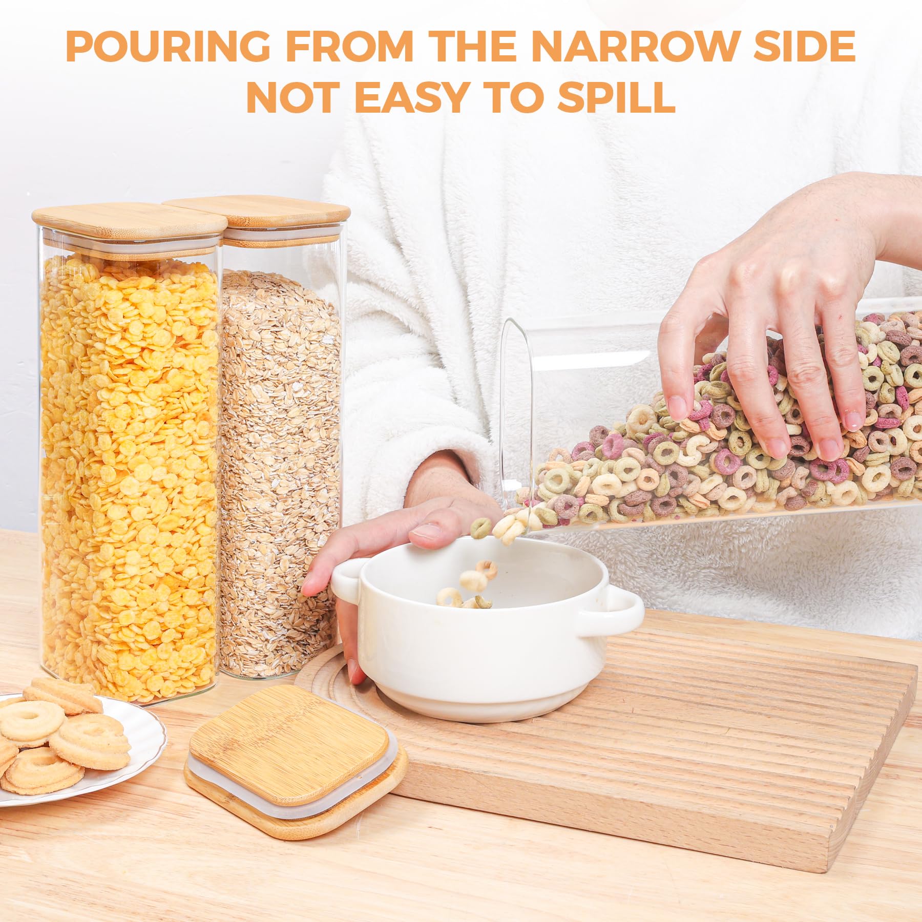 ComSaf 2100ml Rectangle Glass Food Storage Jars with Airtight Bamboo Lids