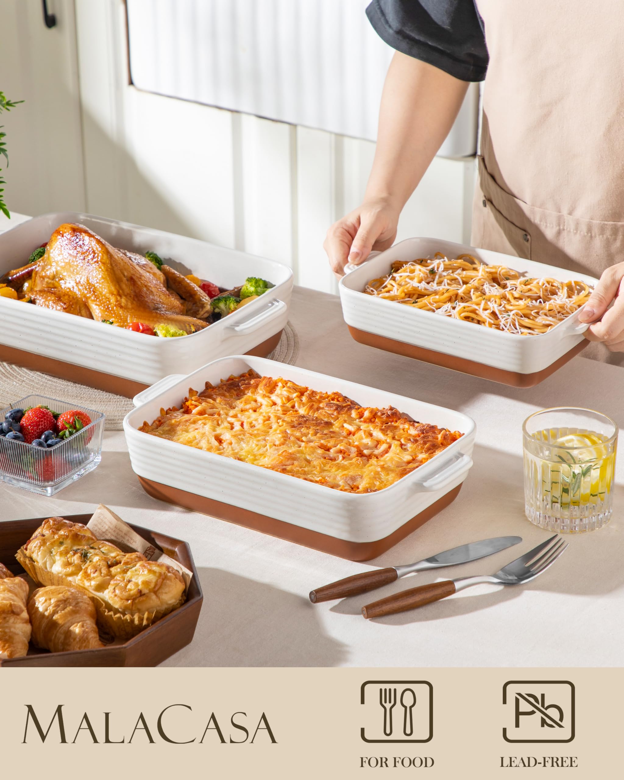 MALACASA Ceramic Casserole Dishes - 3-Piece Rectangular Baking Pan Set, Khaki