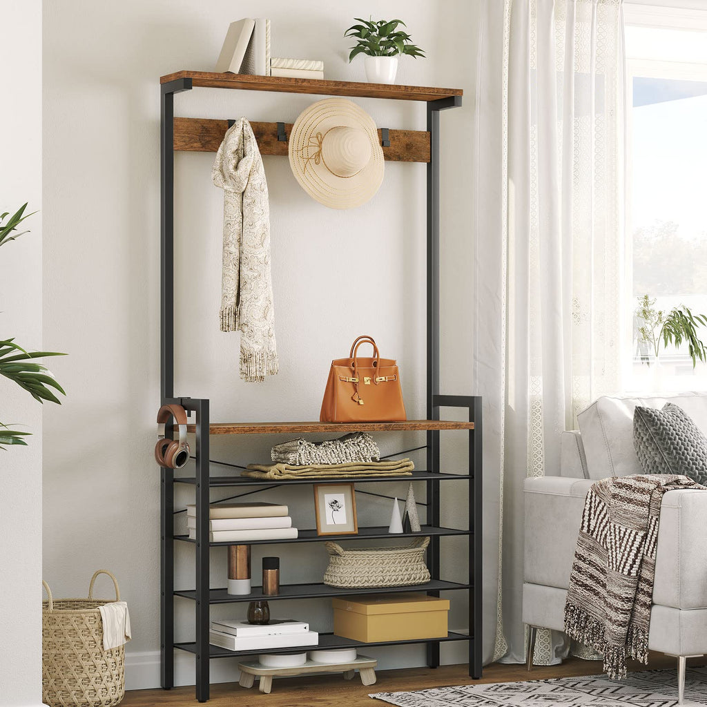HOOBRO Industrial Hall Tree – Coat Rack with Shoe Storage and 5 Hooks