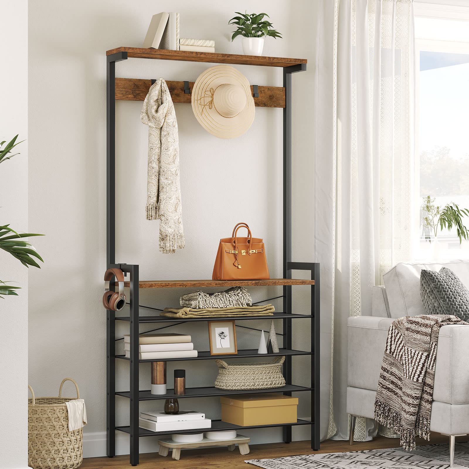 HOOBRO Industrial Hall Tree – Coat Rack with Shoe Storage and 5 Hooks