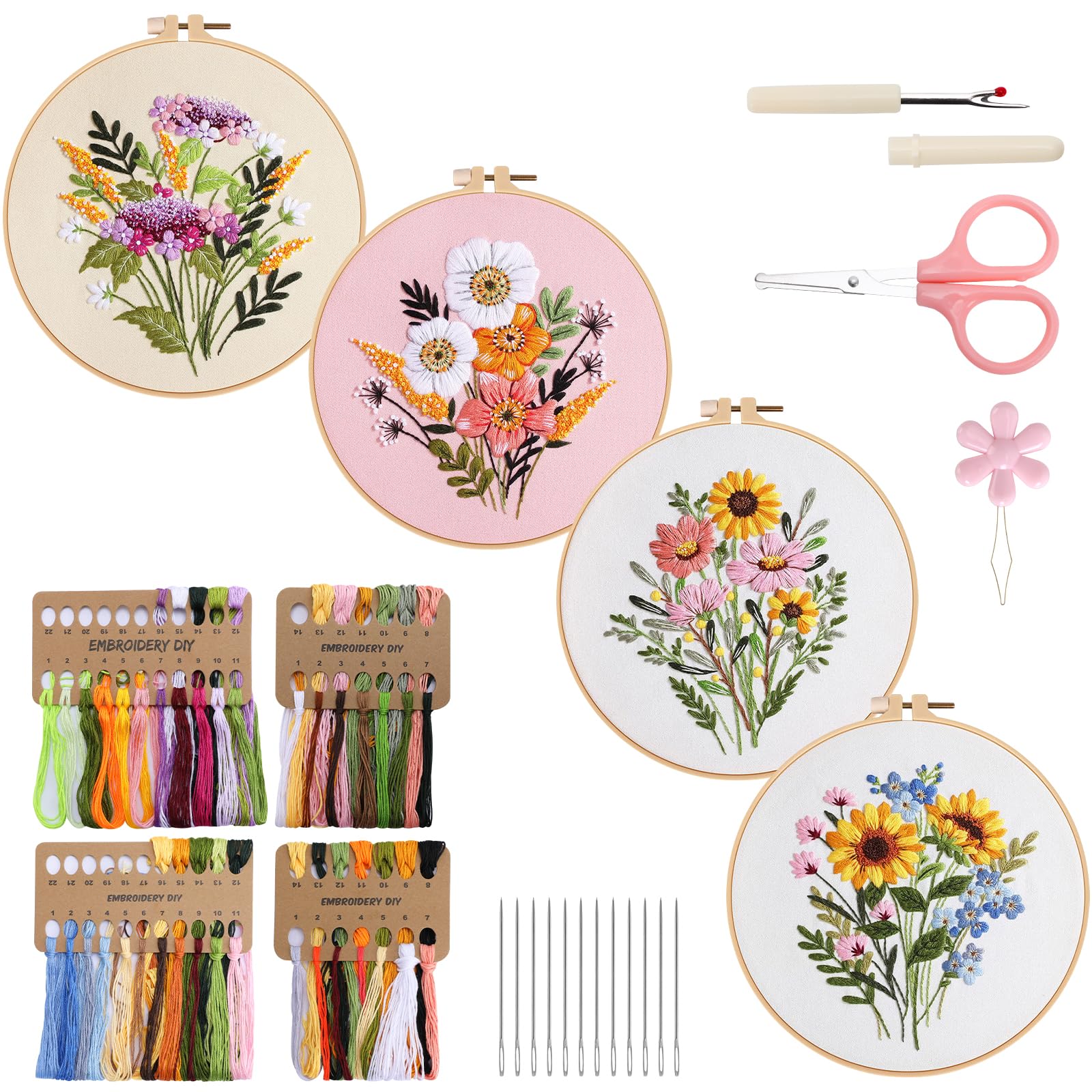 VynyQoo 4-Pack Flower Embroidery Kit for Beginners | DIY Stamped Craft
