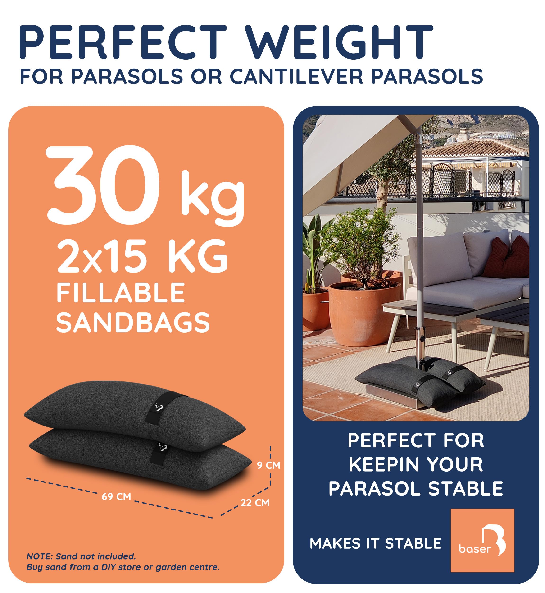 Baser Outdoor Sandbags | 2 x 15kg Fillable Weights for Parasols