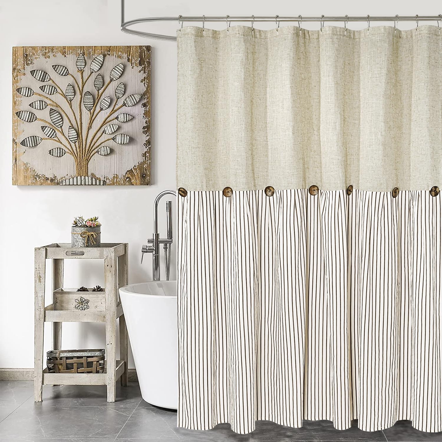 DOSLY IDÉES Farmhouse Shower Curtain – Brown Striped Linen Cotton, 180x180cm