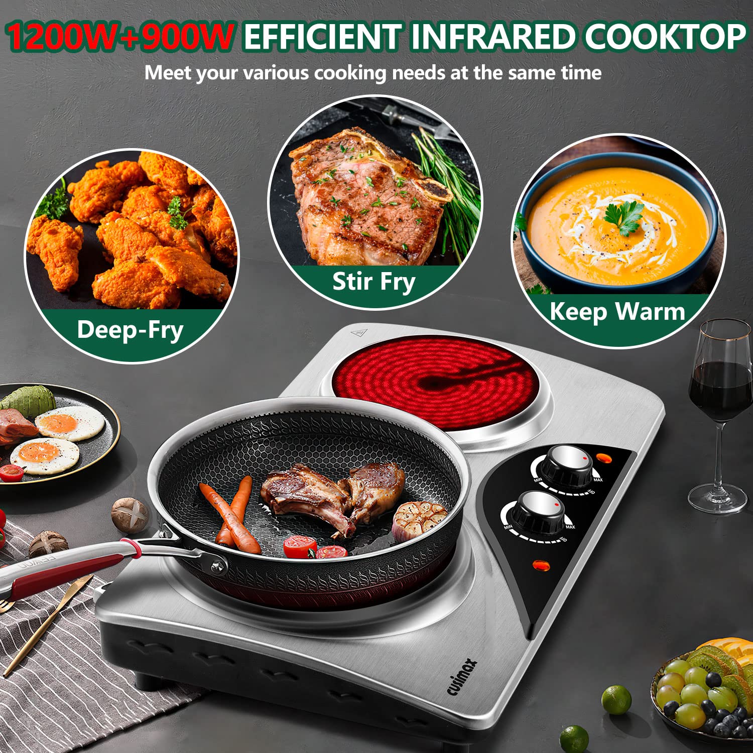 CUSIMAX Double Infrared Hot Plate | 2100W Portable Electric Hob Cooktop