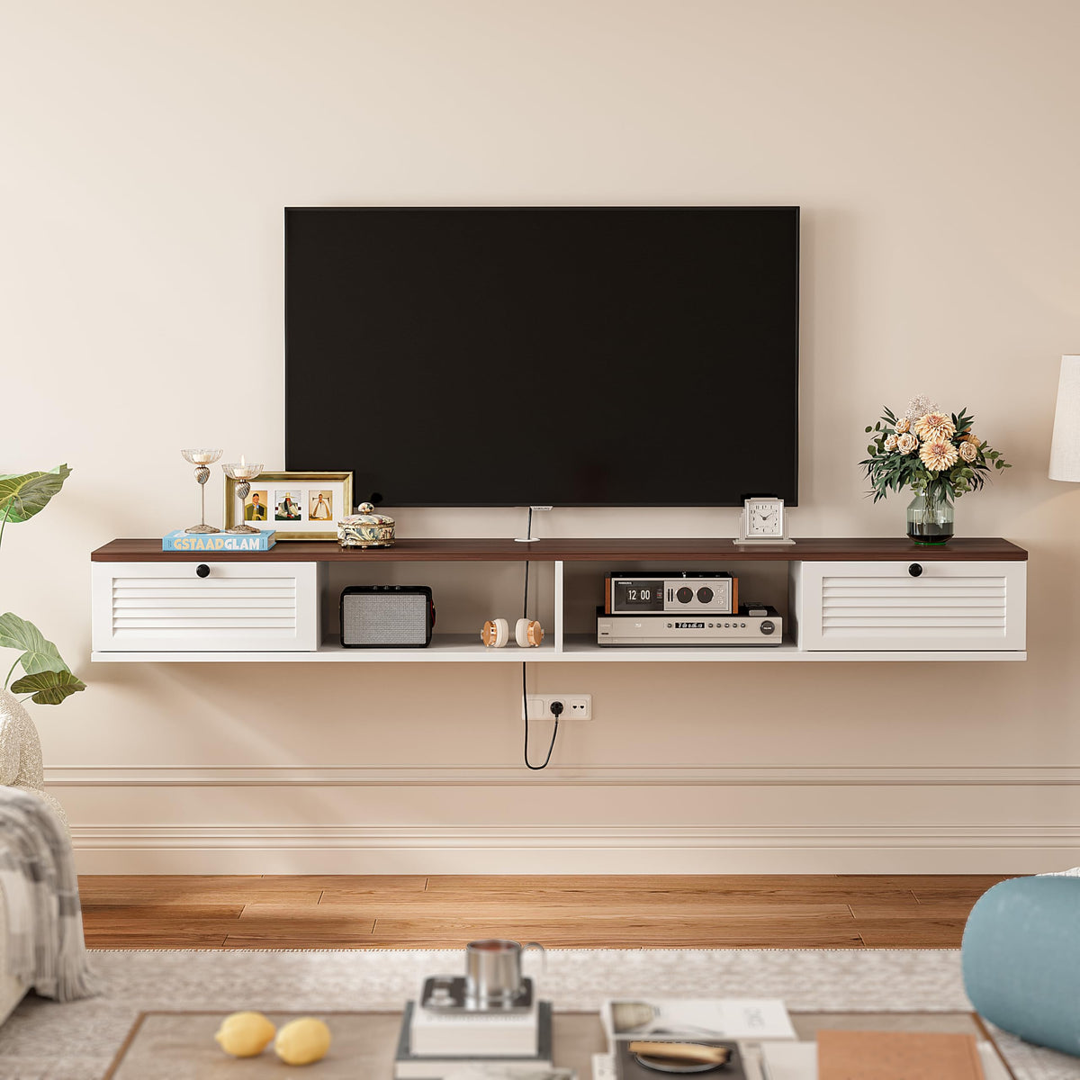 FloatiCasa 120cm Walnut & White Floating TV Unit, 2 Doors & 2 Open Cabinets - image 2