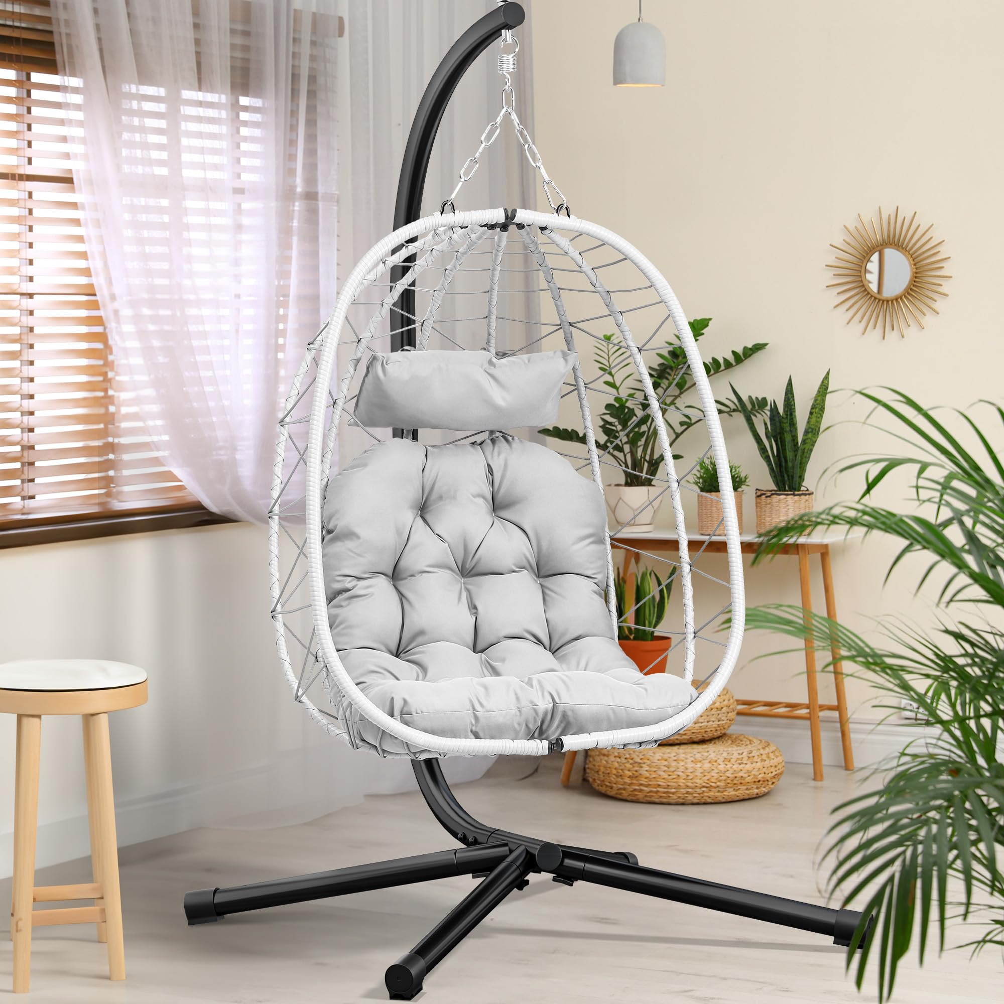 YITAHOME Rattan Hanging Egg Chair with Stand & Cushion - Grey Outdoor Swing