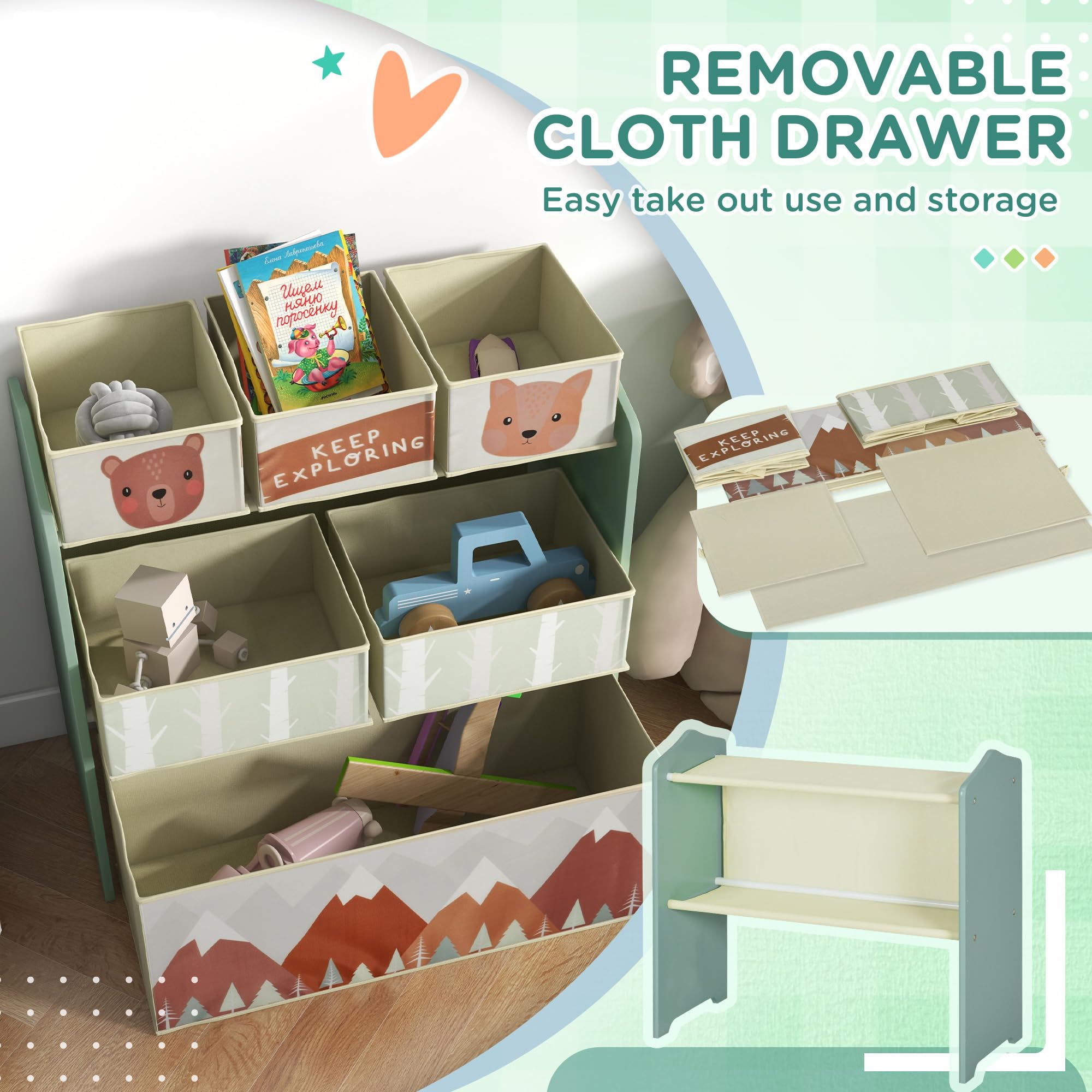 ZONEKIZ Kids Toy Storage Organiser | 6 Fabric Bins Unit - Green