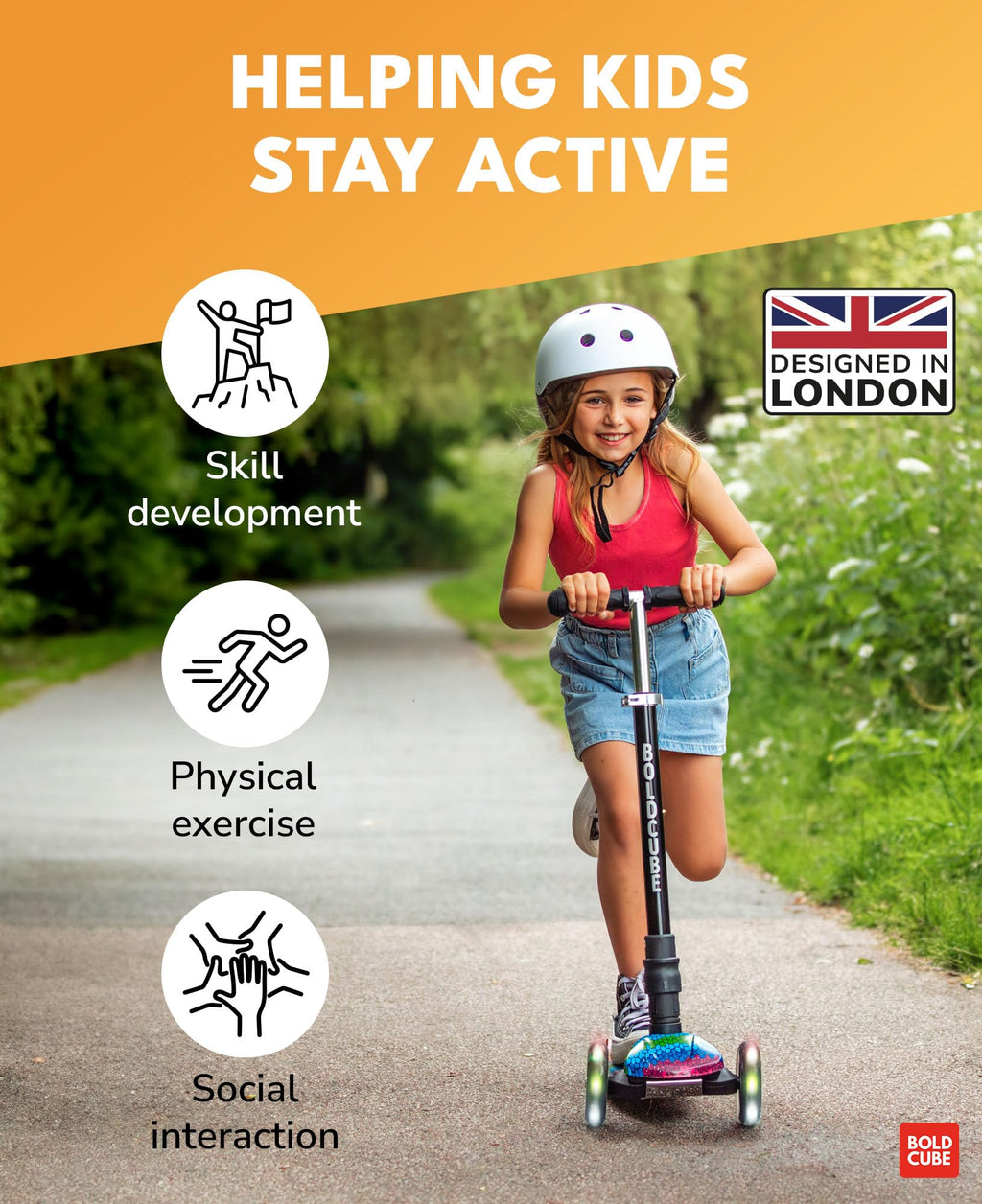 BOLDCUBE Big Fold 3-Wheel Kids Scooter with LED Wheels - Crystal Rubix