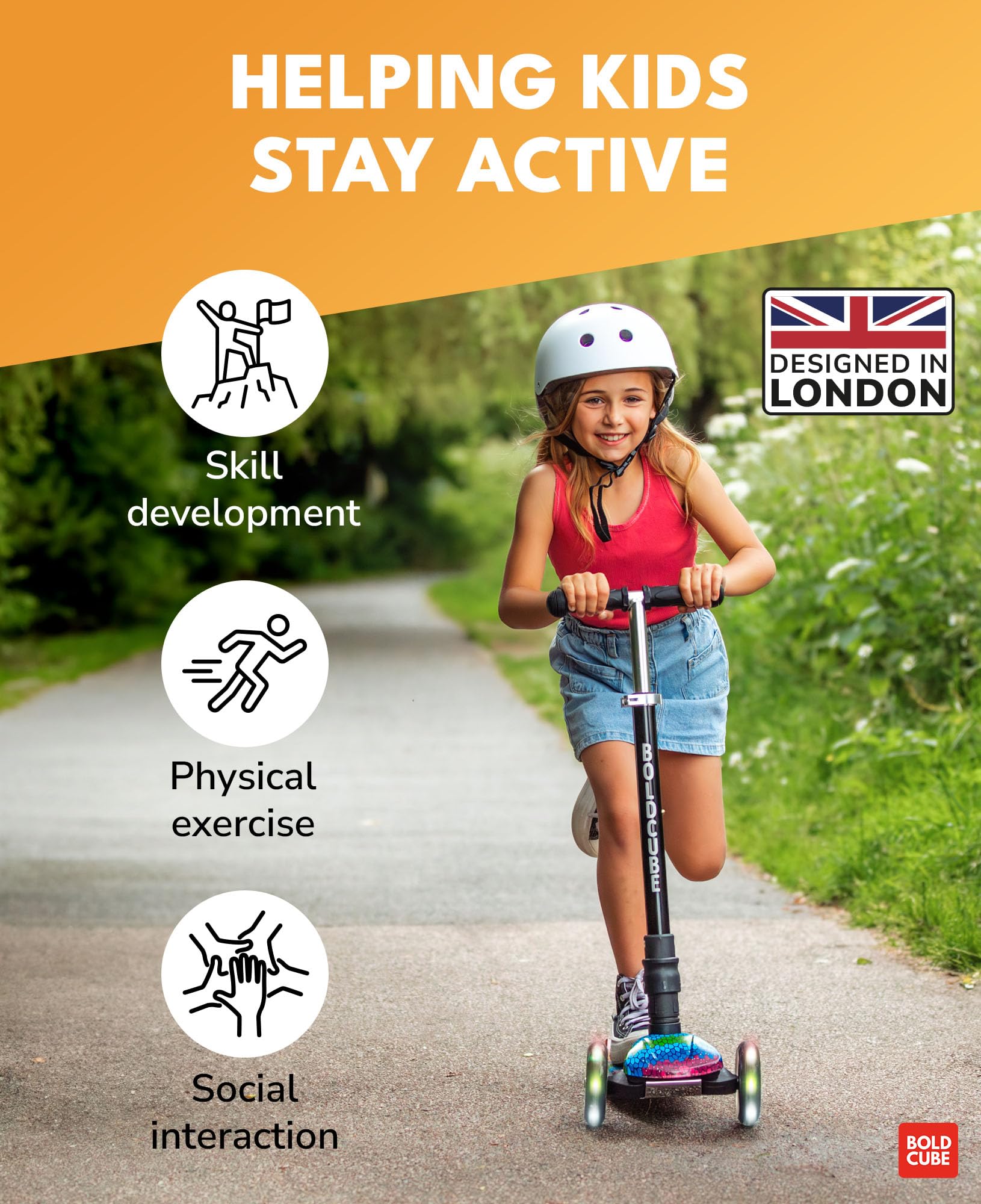 BOLDCUBE Big Fold 3-Wheel Kids Scooter with LED Wheels - Crystal Rubix